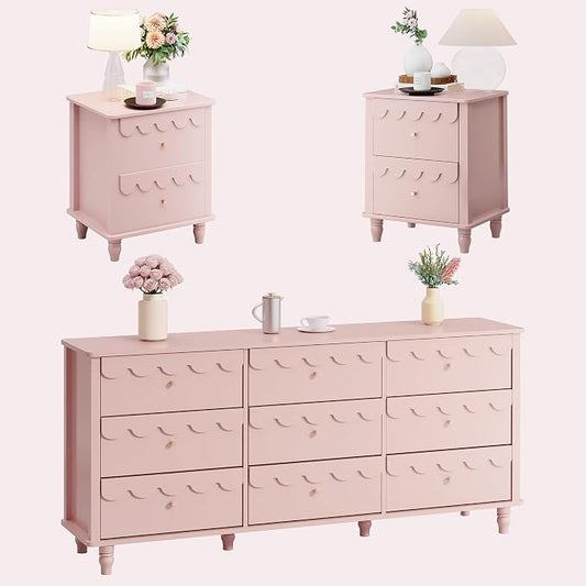 Anbuy Bedroom Sets 9 Drawer Dresser and Night Stand Sets for Bedroom, Two Drawers Nightstand Set of 2 & 9 Drawer Dresser Combo 3 Pieces (Pink)