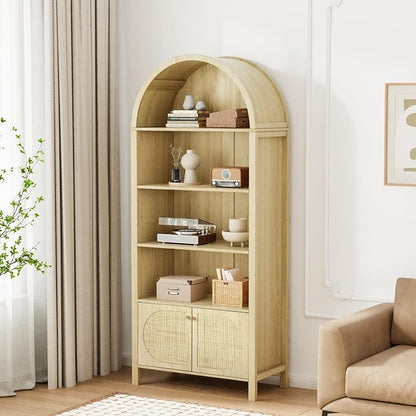 VINGLI 70" Arched Display Cabinet with 5 Shelves, Rattan Storage Cabinet 5 Tier Arched Bookshelf, Wood Tall Bookcases, Sturdy, Stylish for Living Room Bedroom Dining Room Office Study Room, Oak