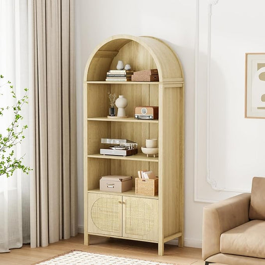 VINGLI 70" Arched Display Cabinet with 5 Shelves, Rattan Storage Cabinet 5 Tier Arched Bookshelf, Wood Tall Bookcases, Sturdy, Stylish for Living Room Bedroom Dining Room Office Study Room, Oak