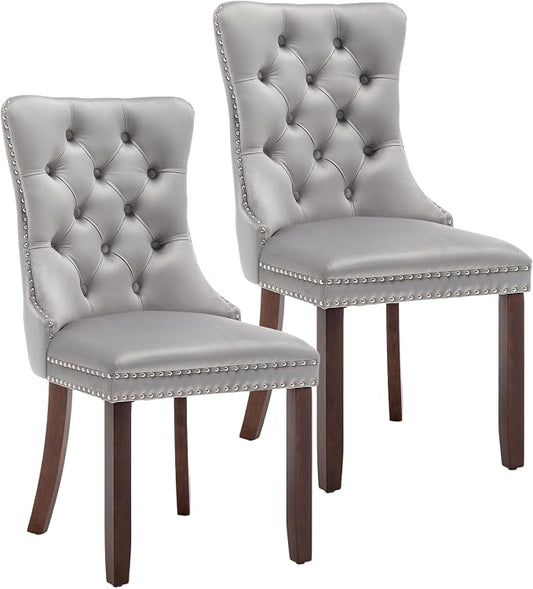 Mid Century Modern Dining Chair Set of 2 Velvet Upholstered Dining Accent Chair Farmhouse Dining Chairs with High Back and Nailhead Trim for Kitchen, Living Room, Bedroom (Light Gray)