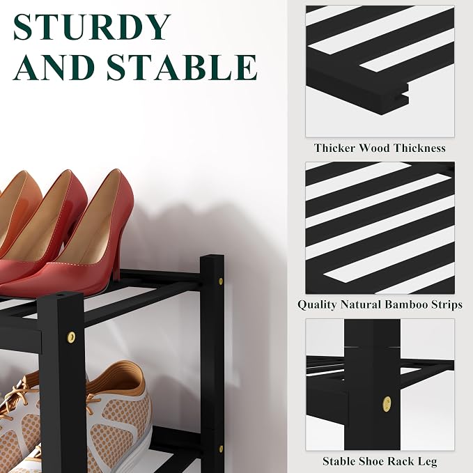 Smiry Small Bamboo Shoe Rack, 5 Tier Free Standing Wooden Shoe Organizer, Stackable Wood Shoe Storage Shelf for Closet, Entryway, 12 Vertical Slats, 2+2+1 Stack Standard Legs, 17.3"x11"x32.5", Black