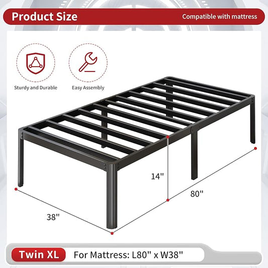 Yicensen 14 Inch Twin XL Bed Frame Heavy Duty Metal Platform Bed Frame Twin XL with Rounded Corner Legs, Noise Free, Easy Assembly, No Box Spring Needed, Black.