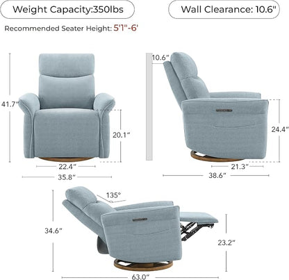 CHITA Power Recliner Chair, Electric Triple-Motor Swivel Glider Nursery Rocking Chair with Adjustable Power Headrest and Lumbar Support, GREENGARD Gold Certified, Solid Wood Base, Baby Blue