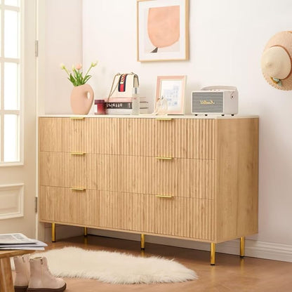 Fluted 6 Drawers Dresser for Bedroom with Faux Marble Top, 56" Wide Chest of Drawers Closet Clothes Storage Organizer, Modern TV Stand Dressers for Living Room, Hallway, Natural Oak