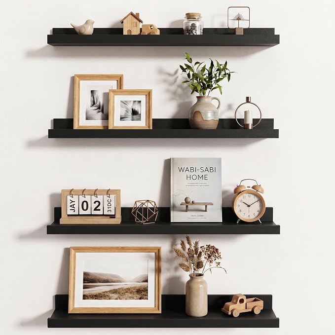 Axeman Picture Ledge Shelf | 24 Inch Black Floating Shelves Set of 4 | Rustic Wood Wall Shelves with Lip | 24" Black Picture Shelves for Wall with Ledge | Photo Shelves