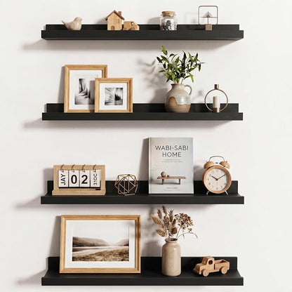 Axeman Picture Ledge Shelf | 24 Inch Black Floating Shelves Set of 4 | Rustic Wood Wall Shelves with Lip | 24" Black Picture Shelves for Wall with Ledge | Photo Shelves