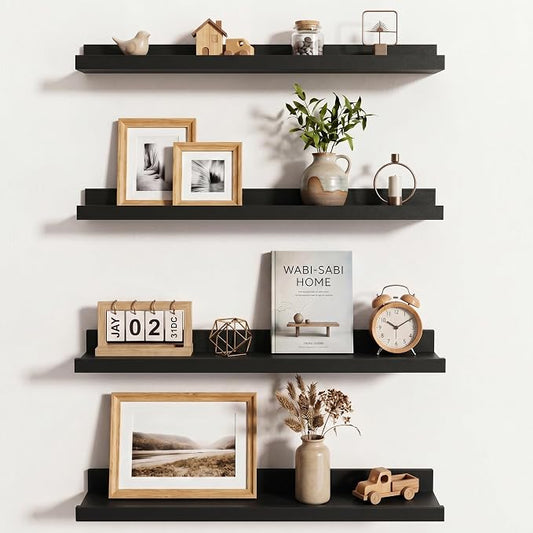 Axeman Picture Ledge Shelf | 24 Inch Black Floating Shelves Set of 4 | Rustic Wood Wall Shelves with Lip | 24" Black Picture Shelves for Wall with Ledge | Photo Shelves