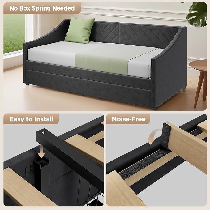 Twin Size Daybed with 2 Storage Drawers, Upholstered Daybed Frame with Charging Station, Heavy Duty Sofa Bed for Bedroom, Living Room, No Box Spring Needed,Easy Assembly