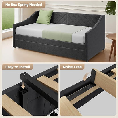 Twin Size Daybed with 2 Storage Drawers, Upholstered Daybed Frame with Charging Station, Heavy Duty Sofa Bed for Bedroom, Living Room, No Box Spring Needed,Easy Assembly