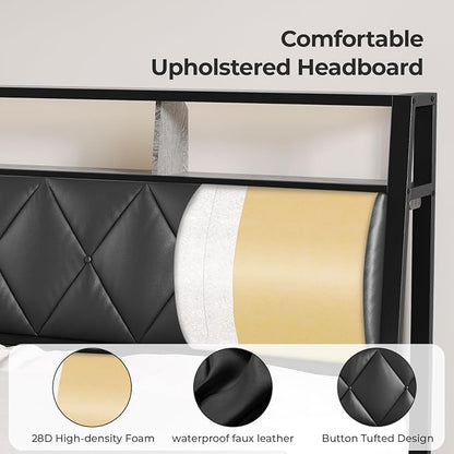 Full Headboard Only, Headboard for Full Size Bed with Storage, Upholstered Headboards with LED Lights & Charging Station, Attach Frame, Ideal for Bedroom/Dorm/Guest Room, Black, Faux Leather