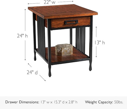 Leick Home Ironcraft End Table, Solid Wood, 1 Storage Drawer, Bottom Display Shelf, Mission Oak, Black Steel Base, Easy Assembly, 22 in W x 24 in H x 24 in D, 11207