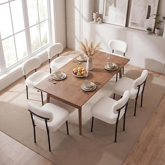Dining Chairs, White Boucle, 6 Pack | Kitchen Dining Room, Curved Backrest, Comfortable Upholstered, Mid Century Modern