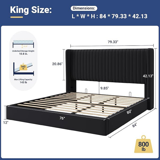 Allewie King Size Lift Up Storage Bed Frame, Hydraulic Support System, Upholstered Platform Bed Frame, Underneath Storage, Vertical Channel Tufted Headboard with Wingback, No Box Spring Needed, Black