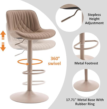YOUTASTE Bar Stools Set of 2, Adjustable Swivel Counter Height Barstools with Back, All Khaki Faux Leather Upholstered Bar Chairs with Metal Base, Stools for Kitchen Island or Home Bar
