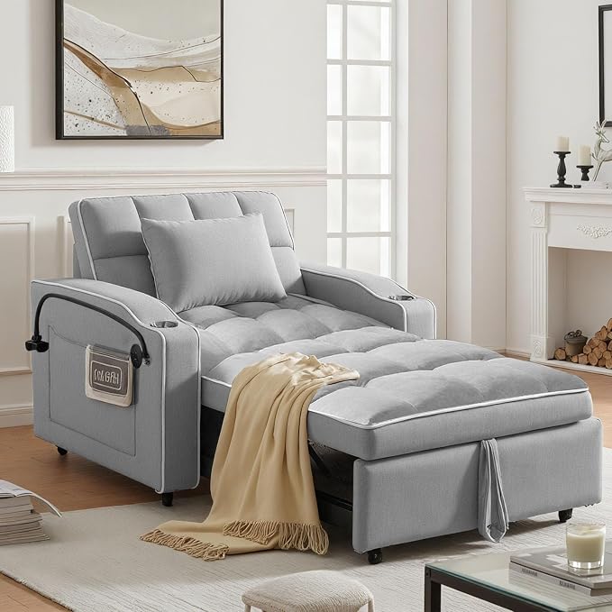 4 in 1 Sleeper Chair, Velvet Pull Out Chair Sleeper with Bracket and Cup Holder, Chairs Bed Sleepers with USB Port for Adults, Sofa Bed Chairs for Small Spaces, Living Room, Gray