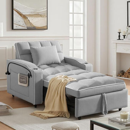 4 in 1 Sleeper Chair, Velvet Pull Out Chair Sleeper with Bracket and Cup Holder, Chairs Bed Sleepers with USB Port for Adults, Sofa Bed Chairs for Small Spaces, Living Room, Gray