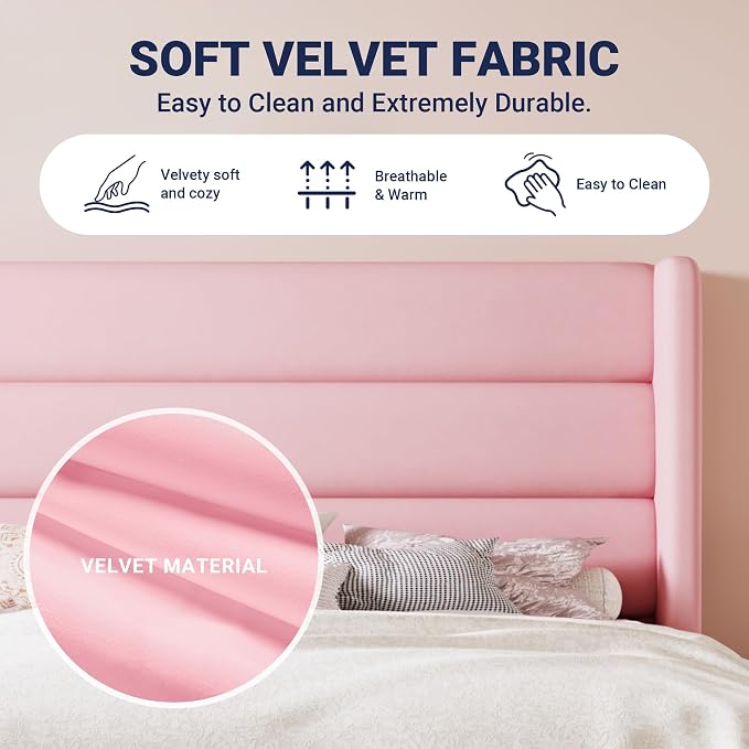 Allewie Queen Size Platform Bed Frame with Velvet Upholstered Wingback Headboard, No Box Spring Needed, Under Bed Storage Space, Strong Wooden Slats, Modern Mattress Foundation, Easy Assembly, Pink