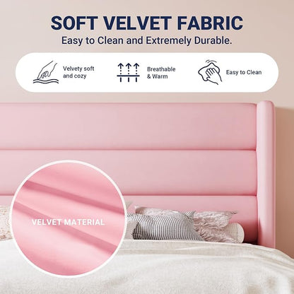 Allewie Queen Size Platform Bed Frame with Velvet Upholstered Wingback Headboard, No Box Spring Needed, Under Bed Storage Space, Strong Wooden Slats, Modern Mattress Foundation, Easy Assembly, Pink