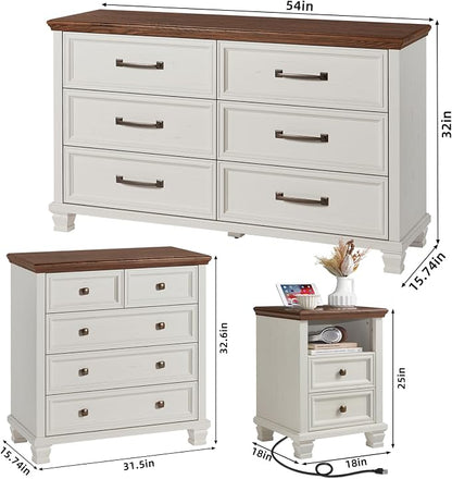 SAVOR LIFE Farmhouse Dresser and Nightstand Sets of 3, 6/5 Drawer Dresser & 2 Drawer Nightstand, Rustic White Bedroom Furniture Set for Home, Bedroom, Hallway, White