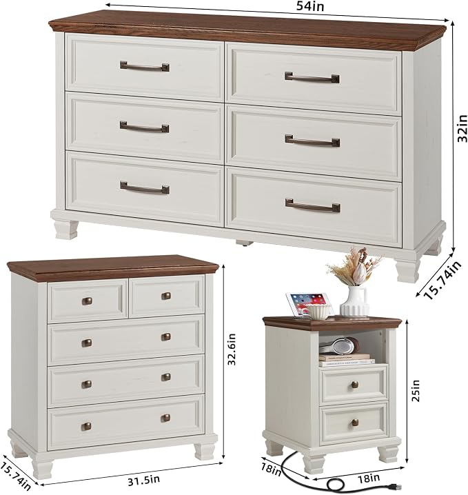 SAVOR LIFE Farmhouse Dresser and Nightstand Sets of 4 Piece, 5/6 Drawer Dresser and 2 Drawer Nightstand Set, Rustic Wood Bedroom Furniture Set for Home, Hallway,White