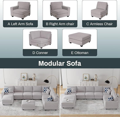 Legend Vansen Oversized Modular Sectional Sofa,U/L‑Shaped Reversible Couch with Ottoman,Deep Seat Plush Polyester Sofa for Living Room,9‑Seater,Light Grey