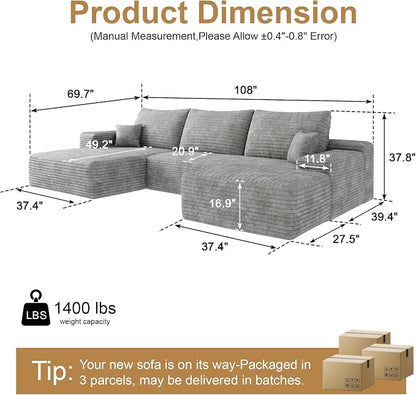 AUGOP 108" Sectional Couches for Living Room Modern Modular Sofa with L-Shape Couchs Upholstered Boneless Couch Deep Seat Sectional Couch with Chaise (Grey, Left Facing Chaise+2Seaters+1Ottoman)