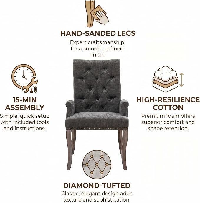 Upholstered Dining Chairs with Arms, Gray, 1 Pack | Tufted Chenille Kitchen Chairs with Arms, Modern Farmhouse Armchair with Nailhead Trim for Dining Room, Home Office