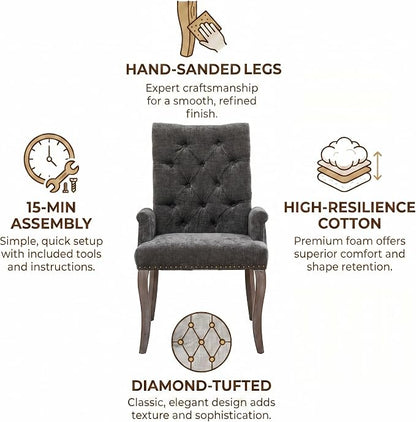 Upholstered Dining Chairs with Arms, Gray, 1 Pack | Tufted Chenille Kitchen Chairs with Arms, Modern Farmhouse Armchair with Nailhead Trim for Dining Room, Home Office