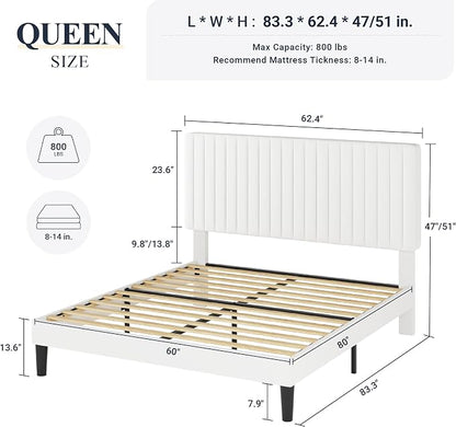 Allewie Queen Bed Frame, Velvet Upholstered Platform Bed with Adjustable Vertical Channel Tufted Headboard, Mattress Foundation with Strong Wooden Slats, Box Spring Optional, Easy Assembly, Off-White