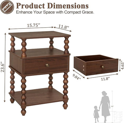 AWASEN Mid Century Modern Nightstand, Bedside Table with Storage, 3-Tier Small Night Stand End Table with Drawer for Bedroom &Solid Wood Spindle Legs, Walnut Brown