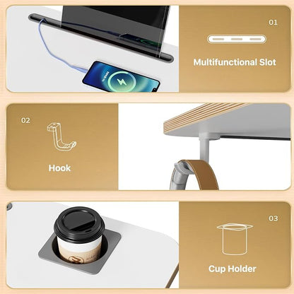 Mobile Standing Desk, Rolling Laptop Cart Adjustable Height with Cup Holder, 28 inch Portable Table with 4 Lockable Wheels, White Computer Workstation with Hook and Slots for Home Office