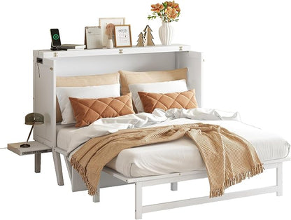 PVWIIK Queen Size Murphy Bed with Desk and Removable Shelves on Each Side,Solid Pine Cabinet Bedframe for Home Office, Guest Room,Multifunctional Bed,White