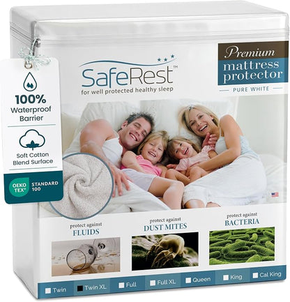 SafeRest Waterproof Twin XL Size Mattress Protector - Fitted with Stretchable Pockets - Machine Washable Cotton Blend Mattress Cover for Bed