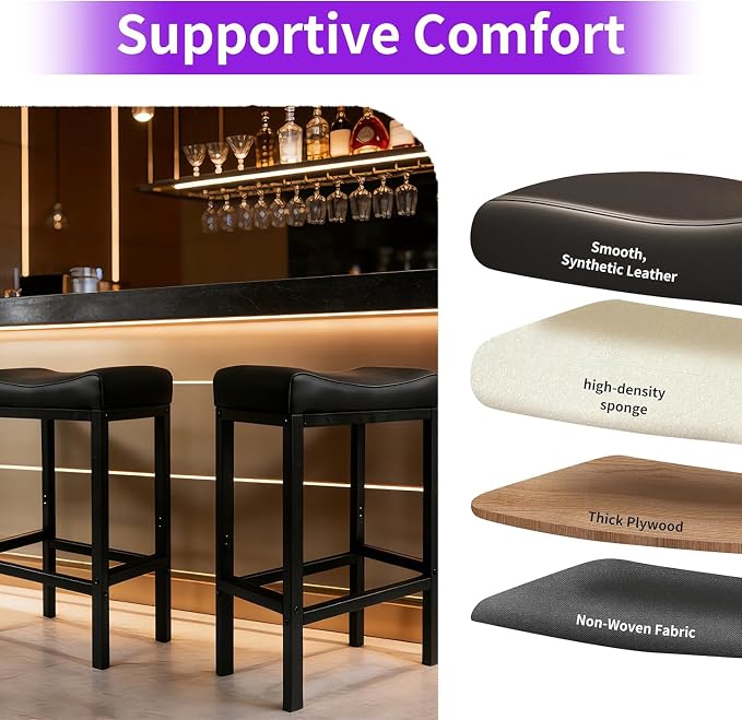 Bar Stools Set of 2, 30 Inch Backless Counter Height Bar Stools with Soft Faux Leather Seat, 300 LB Heavy Duty Padded Saddle Barstool Chair for Modern Kitchen Island Counter (Black)