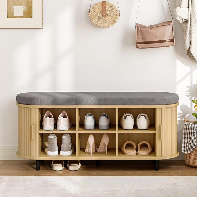 ONBRILL 43" Shoe Bench with Storage, Fluted Shoe Storage Bench with Cushion, Sliding Door and Adjustable Shelf, for Entryway, Hallway, Living Room, Oak