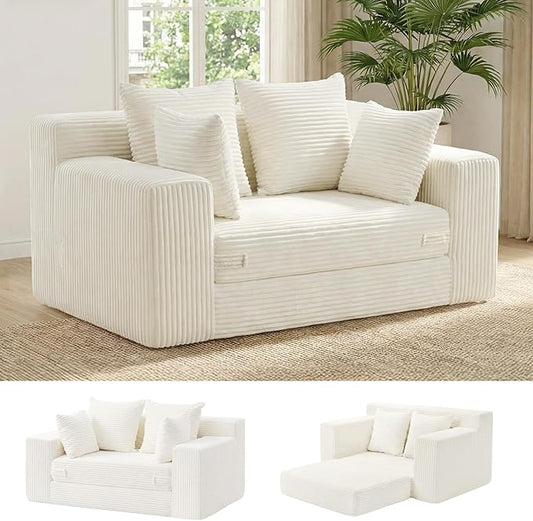 cidludto Convertible Sofa Bed, Boneless Couch 2 in 1 Loveseat Folding Couch Bed Foldable, Boneless Chair Bed & Futon Sofa, Small Couch Corduroy Pull Out Sofa with 4 Pillows for Living Room, Beige
