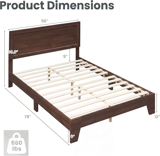 Giantex Full Size Wooden Bed Frame with Headboard, Wood Slat Support | Modern Platform Bed with Heavy Duty Mattress Foundation, Under-Bed Storage, No Box Spring Needed, Easy Assembly (Walnut)