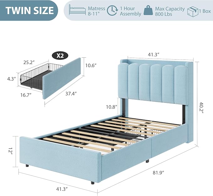 Garvee LED Twin Size Bed Frame with Storage Headboard, Kids Bed Frame with 2 Drawers, Boucle Upholstered Platform Bed for Girls, Chic Wavy Headboard with Bookcase, No Box Spring Needed, Blue