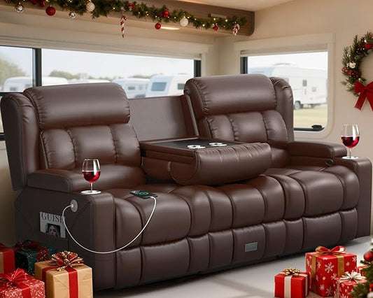 Loveseat Recliner Sofa with Flip Backrest Design, 3 Seat RV Recliner Sofa with USB Ports & Pockets, Wall Hugger Reclining Loveseat with Cup Holders & Drawer, RV Couch for Home Theater Seating