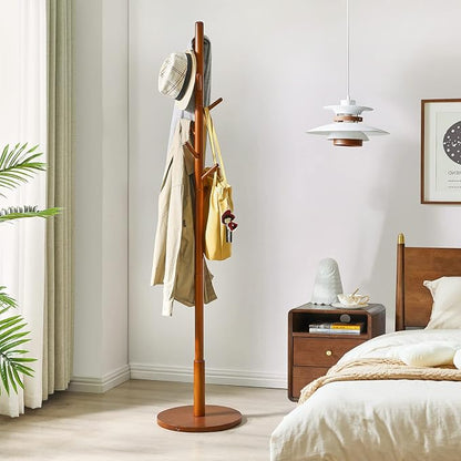 IBUYKE Coat Rack Stand, Freestanding Coat Tree with Solid Round Base and 8 Hooks, Easy Assembly Wooden Coat Hanger, Clothes Rack for Hallway Entryway, Living Room, Bedroom, Office, Brown WD-113
