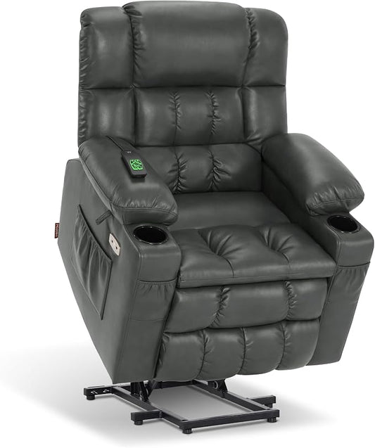 MCombo Small Dual Motor Power Lift Recliner Chair for Petite Elderly, Zero Gravity Lift Chair with Heat and Massage, Infinite Position Lay Flat Recliner, USB Ports,Faux Leather 7893 (Grey, Small)