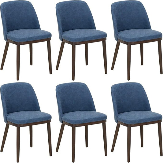 COLAMY Upholstered Dining Chairs Set of 6, Modern Kitchen Chairs with Back, Leather Side Dining Room Chairs with Wood Legs for Kitchen Dining Room Restaurant, Blue