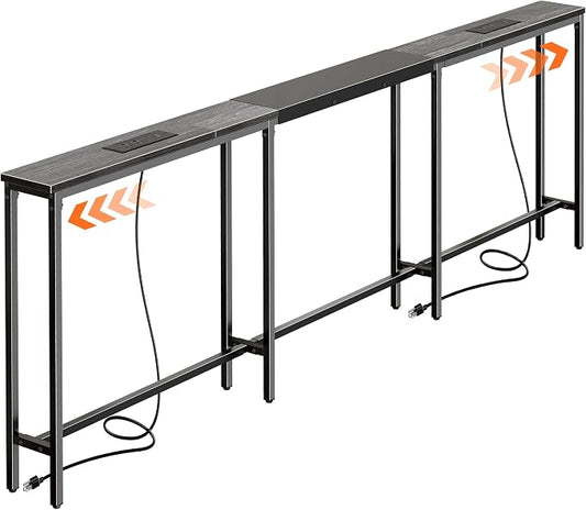 Huuger Narrow Sofa Table with 2 Power Outlets, 86.6-110.2 Inch Adjustable Length, Behind the Couch Table with USB-C Port, Long Entryway Console Table, Anti-tip Kit, for Living Room, Grey