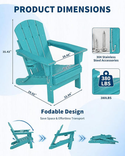 Garvee Folding Adirondack Chair Set of 2, HDPE Outdoor Patio Chair with Cup Holder, All Weather Resistent Wooden Textured for patios, Decks, Gardens, fire Pit, Lake Blue
