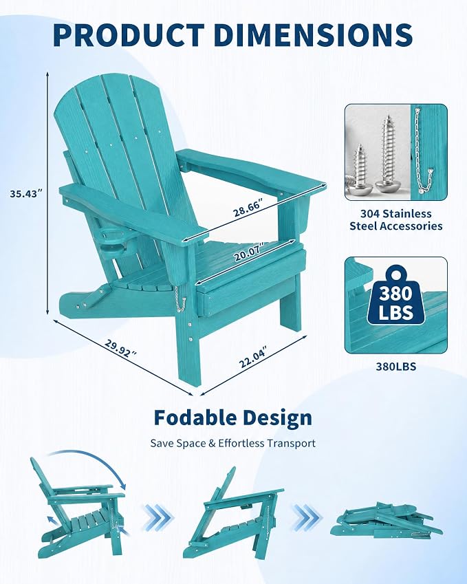 Garvee Folding Adirondack Chair Set of 2 with Side Table, HDPE Outdoor Patio Chair with Cup Holder, All Weather Resistent Wooden Textured for patios, Decks, Gardens, fire Pit, Lake Blue