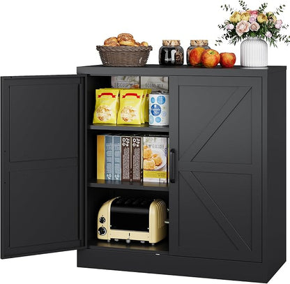 Metal Storage Cabinet with Doors & Adjustable Shelves, 36" Tall Farmhouse Pantry Cabinet, Small Sideboard for Kitchen, Dining, Living & Laundry Room, Black