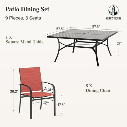 HERA'S HOUSE Patio Dining Set 9 Pieces, Outdoor Table and Chairs Set for 8, 8 x Red Textilene Dining Chair, 57.5" Square Metal Dining Table with 1.57" Umbrella Hole, for Lawn Garden Backyard Deck