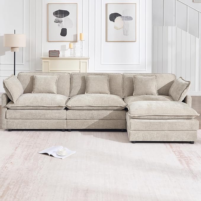 111.5" Modular Sectional Sofa, Large L Shaped Sectionals Cloud Couch, Big Comfy 3-Seat Couch with Ottoman, 4 Seater Chenille Sectional Sofa with Deep Seat and 5 Pillows for Living Room- Camel