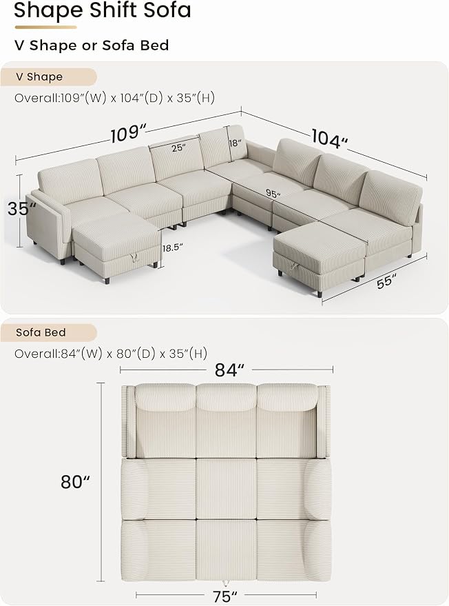 KKL Modular Sectional Sofa Bed - Sofabed with Storage Ottoman, Convertible L/U-Shaped Sleeper Couch for Living Room, Modern Reversible Design, Beige