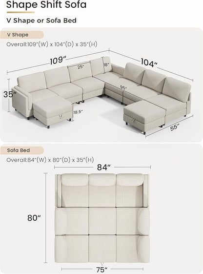 KKL Modular Sectional Sofa Bed - Sofabed with Storage Ottoman, Convertible L/U-Shaped Sleeper Couch for Living Room, Modern Reversible Design, Beige